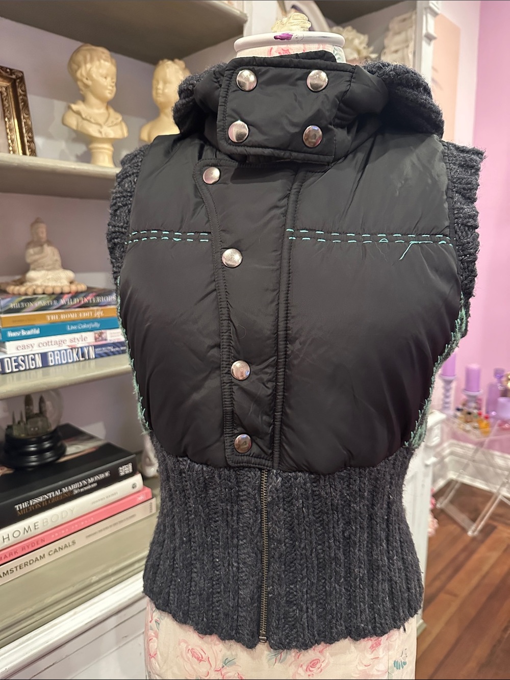 Free People Black Puffer-Knit Mix Vest with Teal Stitching
